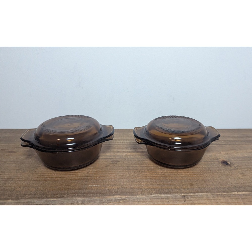 Anchor Hocking Fire-King Amber Glass 12oz Lidded Casserole Dish Set of 2 Brown